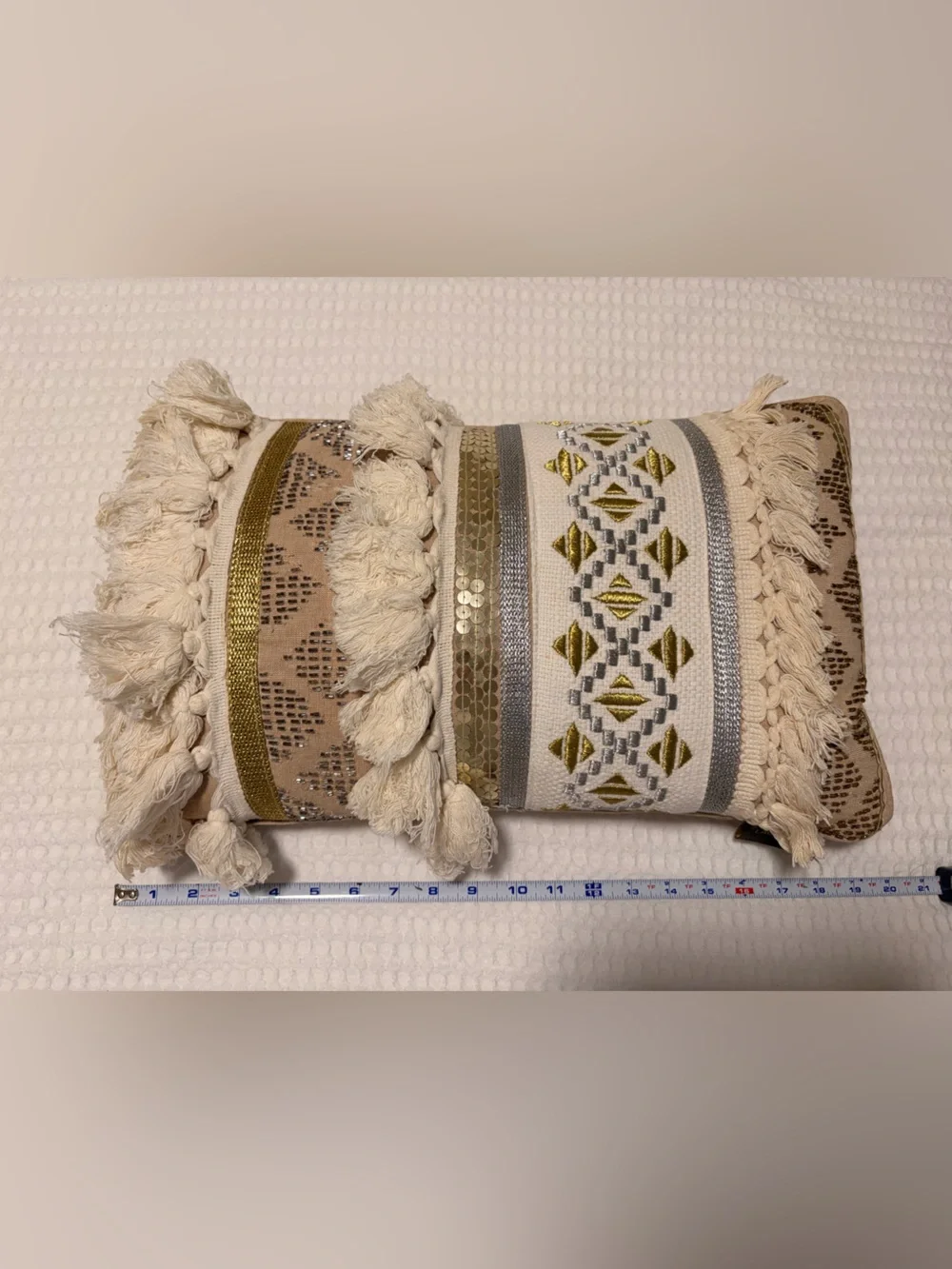 Boho Tassel Accent Pillow in Cream and Gold
